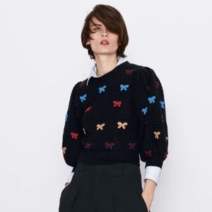 Zara Black Knit Bow Sweater Puff Sleeve Cozy Chic